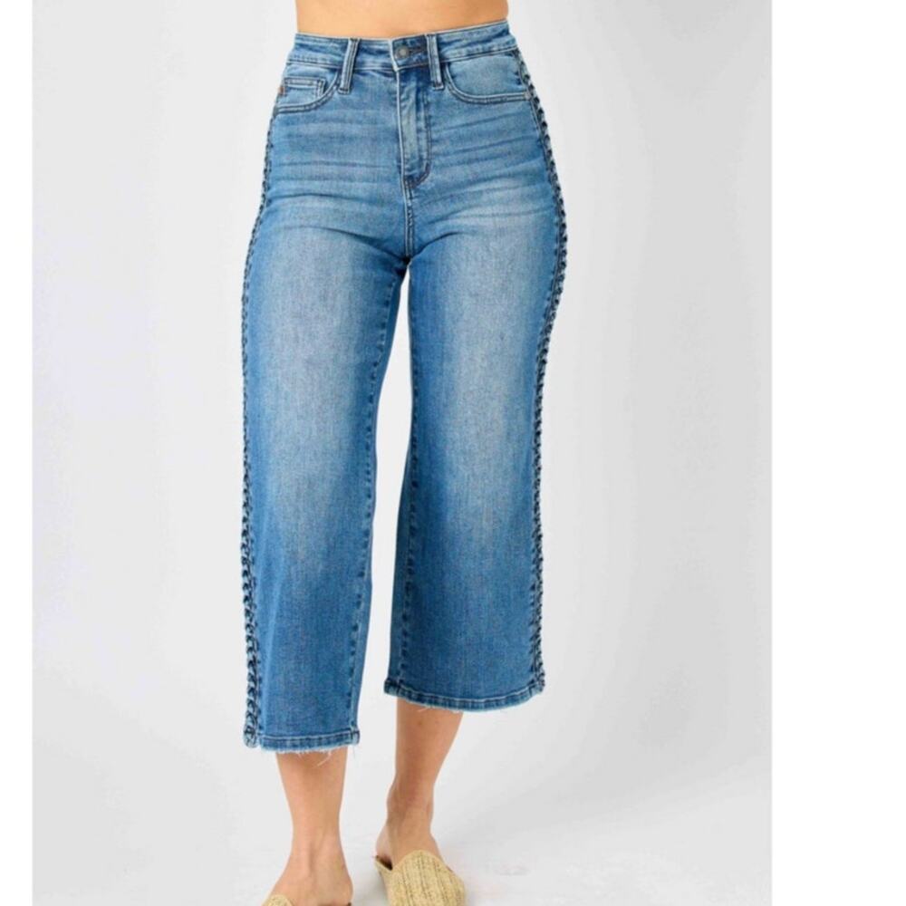Judy Blue “Aurora” High Waist Braided Side Seam Crop Wide Leg Jeans – Size 16W